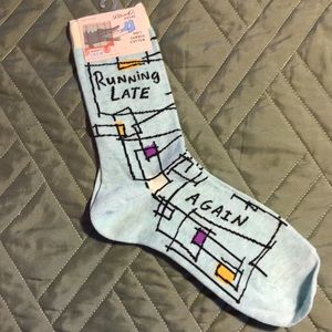 Blue Q running late socks. Pale green. Geometric.